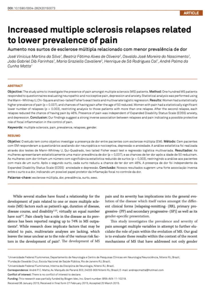 Increased multiple sclerosis relapses related to lower prevalence of pain